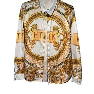 Versace White and Gold Baroque Print Satin Shirt